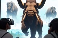 A student in a modern VR headset reaches toward a shimmering, 3D holographic woolly mammoth in a bright classroom, illustrating immersive educational technology.