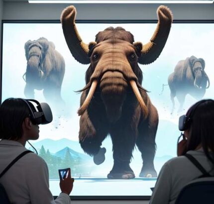 A student in a modern VR headset reaches toward a shimmering, 3D holographic woolly mammoth in a bright classroom, illustrating immersive educational technology.