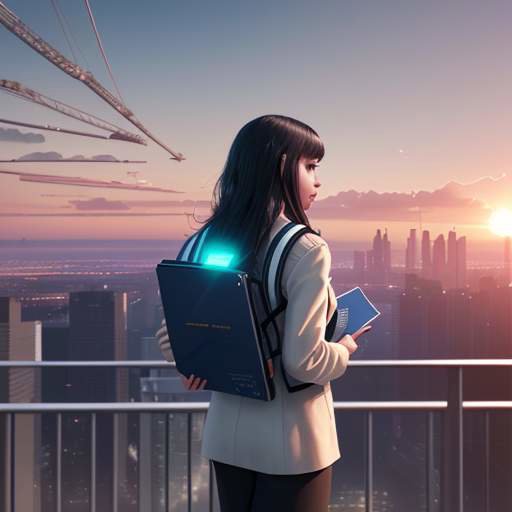 A student on a balcony holds a diploma overlooking a futuristic high-tech city at sunset, where digital data streams blend with the horizon to symbolize the limitless possibilities of AI-enhanced education.