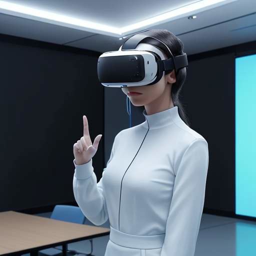 A student wearing a high-tech VR headset interacts with a holographic boardroom scene featuring AI avatars to practice professional negotiation skills in a minimalist studio.