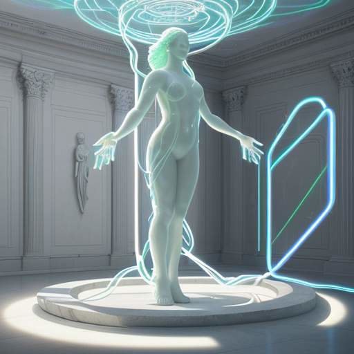 A surreal marble sculpture of a human figure reaching toward a holographic geometric shape, integrated with glowing fiber-optic cables and neon circuits in a minimalist white gallery.