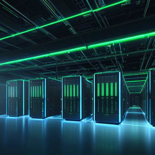 A wide, low-angle view of a futuristic data center with rows of metallic server racks glowing with blue and green LED lights, symbolizing high-tech infrastructure and AI integration.