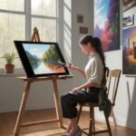 A young artist works on a physical canvas at a wooden table in a sunlit studio, with a sleek tablet displaying a vibrant AI-generated color study nearby, illustrating the blend of traditional and digital art.