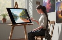 A young artist works on a physical canvas at a wooden table in a sunlit studio, with a sleek tablet displaying a vibrant AI-generated color study nearby, illustrating the blend of traditional and digital art.