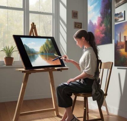 A young artist works on a physical canvas at a wooden table in a sunlit studio, with a sleek tablet displaying a vibrant AI-generated color study nearby, illustrating the blend of traditional and digital art.