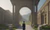A young professional stands at a crossroads between a traditional stone archway leading to a library and a glowing digital path of fiber-optic cables, symbolizing the choice between traditional education and modern skills-based learning.