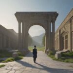 A young professional stands at a crossroads between a traditional stone archway leading to a library and a glowing digital path of fiber-optic cables, symbolizing the choice between traditional education and modern skills-based learning.