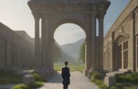 A young professional stands at a crossroads between a traditional stone archway leading to a library and a glowing digital path of fiber-optic cables, symbolizing the choice between traditional education and modern skills-based learning.