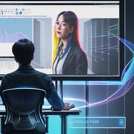 Diverse students collaborate in a modern workspace around a holographic table, visualizing interconnected data streams and blueprints while using AI tools for project development.