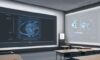 Diverse students in a modern classroom using tablets and holographic displays with glowing data overlays to engage in personalized, AI-driven learning.