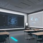 Diverse students in a modern classroom using tablets and holographic displays with glowing data overlays to engage in personalized, AI-driven learning.