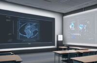Diverse students in a modern classroom using tablets and holographic displays with glowing data overlays to engage in personalized, AI-driven learning.
