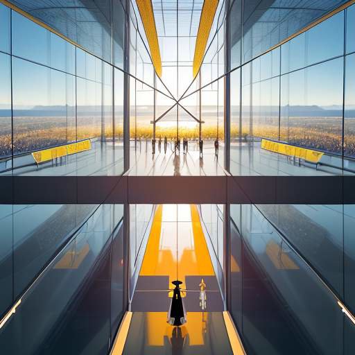Graduates in academic regalia walk toward a glowing horizon with icons for innovation, connectivity, and intelligence in a futuristic glass-walled campus.