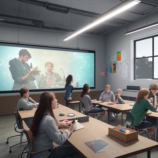 Students collaborate around a large table in a modern studio, using tablets to manipulate 3D holographic models while surrounded by both traditional art supplies and high-tech VR gear.