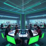Students in a futuristic, bright library interacting with glowing holographic interfaces for personalized, adaptive learning and self-directed mastery.