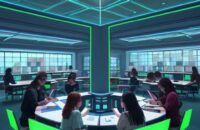Students in a futuristic, bright library interacting with glowing holographic interfaces for personalized, adaptive learning and self-directed mastery.