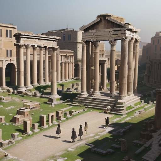 Students walk through a photorealistic reconstructed ancient Roman forum, using glowing tablets to access historical information amidst grand marble columns and a warm Mediterranean atmosphere.