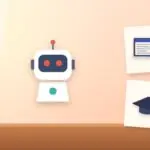 Illustration with an AI robot, a laptop and a graduation cap