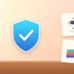 Illustration with a security shield, an AI robot and a stack of books