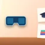Illustration with smart glasses, a graduation cap and a stack of books
