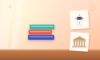 Illustration with a stack of books, an AI robot and a classical building