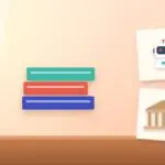 Illustration with a stack of books, an AI robot and a classical building