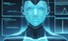A digital forensic expert in a high-tech laboratory analyzes a holographic human face on a floating screen, highlighting pixel inconsistencies to detect deepfake technology.
