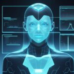 A digital forensic expert in a high-tech laboratory analyzes a holographic human face on a floating screen, highlighting pixel inconsistencies to detect deepfake technology.