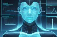 A digital forensic expert in a high-tech laboratory analyzes a holographic human face on a floating screen, highlighting pixel inconsistencies to detect deepfake technology.