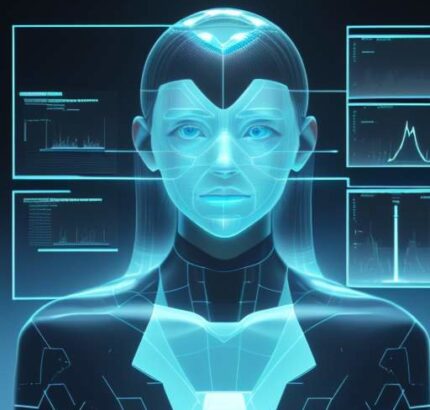 A digital forensic expert in a high-tech laboratory analyzes a holographic human face on a floating screen, highlighting pixel inconsistencies to detect deepfake technology.