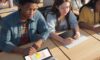 A diverse group of high school students collaborating on a digital art project using AI-assisted tools in a sun-lit, modern classroom.