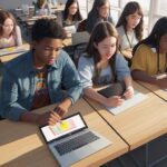 A diverse group of high school students collaborating on a digital art project using AI-assisted tools in a sun-lit, modern classroom.