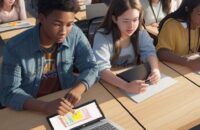 A diverse group of high school students collaborating on a digital art project using AI-assisted tools in a sun-lit, modern classroom.