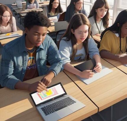 A diverse group of high school students collaborating on a digital art project using AI-assisted tools in a sun-lit, modern classroom.