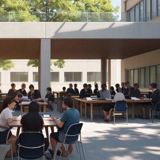 A diverse group of students and professors collaborating around a wooden table in a sunlit, modern university courtyard, using tablets and books to discuss ideas together.