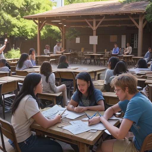 A diverse group of students engaged in a passionate, collaborative debate around a table covered in papers in a sunny, modern university courtyard.