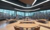 A diverse group of students in a modern university library study together, with one student interacting with a glowing holographic 3D data visualization of chemical structures and literary themes.