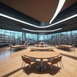 A diverse group of students in a modern university library study together, with one student interacting with a glowing holographic 3D data visualization of chemical structures and literary themes.
