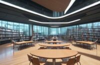 A diverse group of students in a modern university library study together, with one student interacting with a glowing holographic 3D data visualization of chemical structures and literary themes.