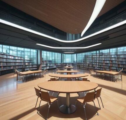 A diverse group of students in a modern university library study together, with one student interacting with a glowing holographic 3D data visualization of chemical structures and literary themes.