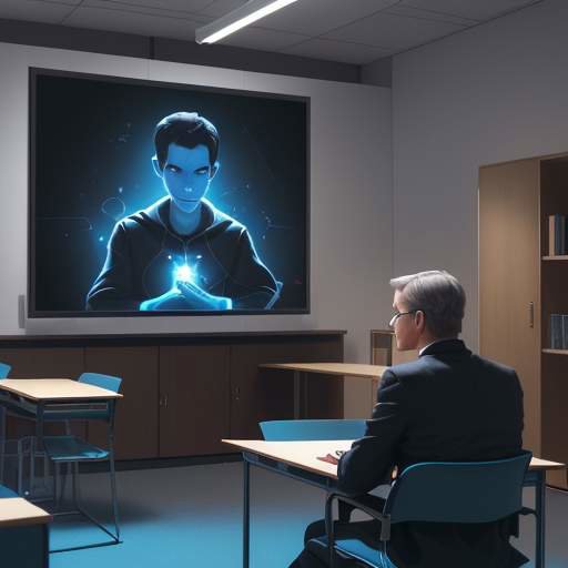 A friendly digital mentor avatar on a large screen guides an engaged student through a physics problem in a modern, warmly lit study lounge.