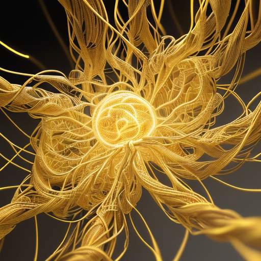 A glowing, intricate neural network of golden and white light fibers weaving through a dark server room, symbolizing complex AI architecture and high-tech data processing.