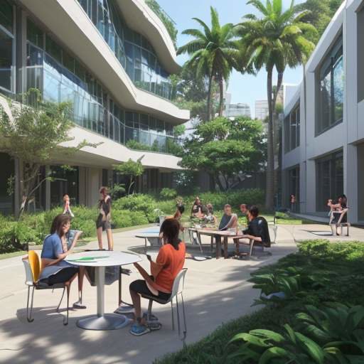 A group of diverse students collaborate in a sun-drenched, modern university courtyard, discussing a project on a tablet amidst lush greenery and contemporary architecture.