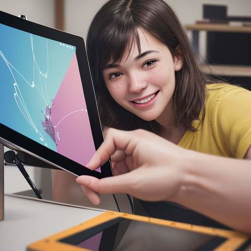 A mentor and student smile while collaborating over a tablet in a modern makerspace filled with 3D printers and technology.