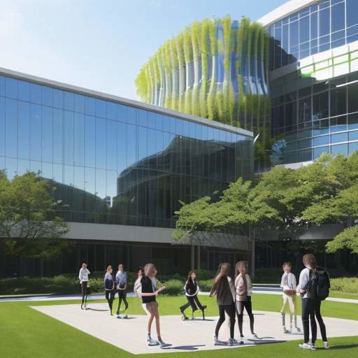 A modern, sunlit university campus with glass buildings and green spaces where students collaborate in small groups using wearable technology, symbolizing a futuristic and integrated educational environment.