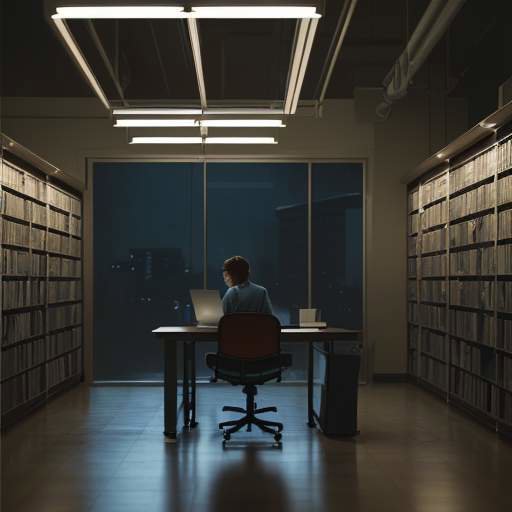 A student sits in a dimly lit, modern library at night, studying a glowing digital interface of a balance scale representing an ethical dilemma.