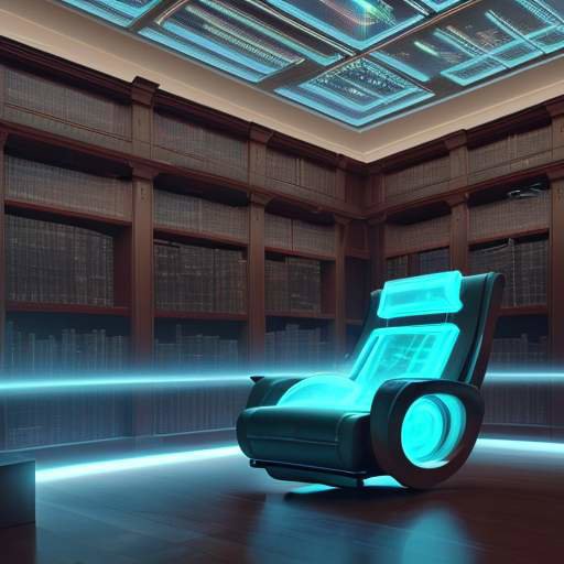 A student sits in a leather chair in a futuristic library, interacting with a glowing holographic interface displaying geometric plans amidst mahogany bookshelves and glass pillars.