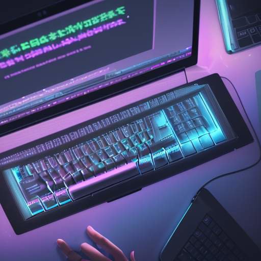 A student's hands typing on a backlit mechanical keyboard with floating, neon-colored windows displaying complex code and prompt structures in a dimly lit room.