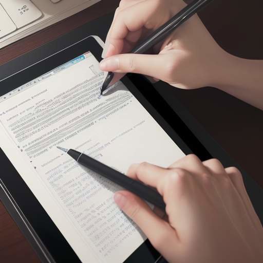 A student's hands use a tablet in a library to compare an AI-generated draft with their own highlighted notes, illustrating the integration of AI as a collaborative tool in education.