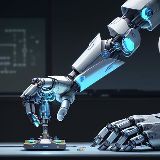 A student's hands working on a complex robotic arm with glowing blue circuitry in a high-tech lab, illustrating the collaboration between human skill and machine intelligence.